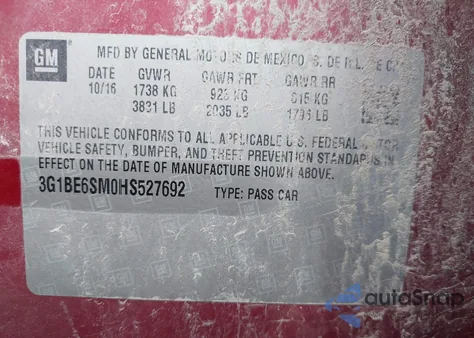 2017 Chevrolet Cruze Lt Auto z USA, uszkodzony, nr VIN 3G1BE6SM0HS527692